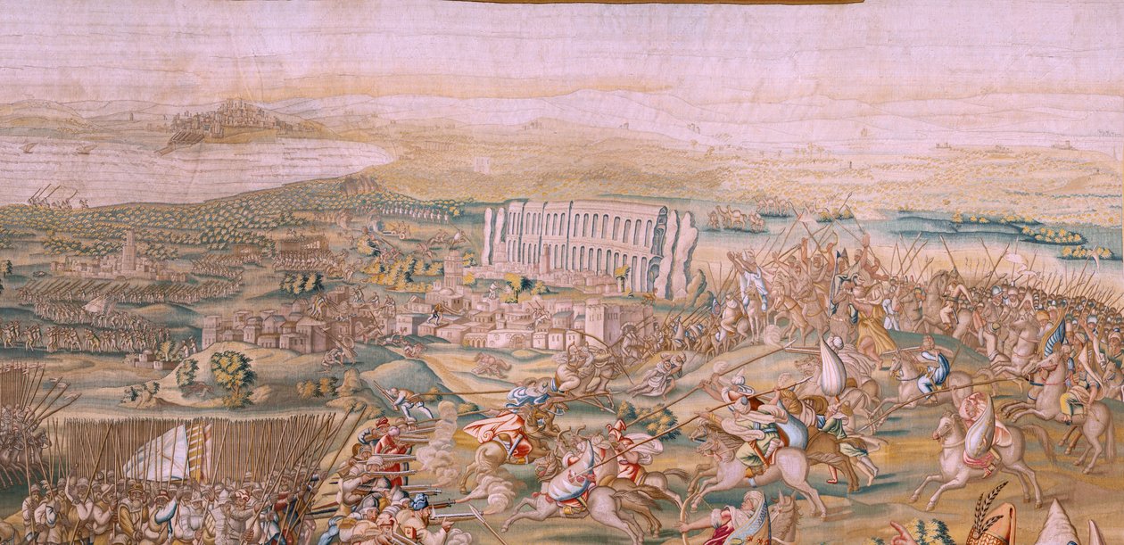 Flamandzki gobelin. Seria Podbój Tunisu. Atak na La Goletę (Ataque a la Goleta). Czwarty gobelin w serii. Model Jan Vermeyen i Pieter Coecke van Aelst. 1543-1548. Produkcja Real Fábrica de Tapices de Santa Bárbara, Madryt autorstwa Jan Cornelisz Vermeyen