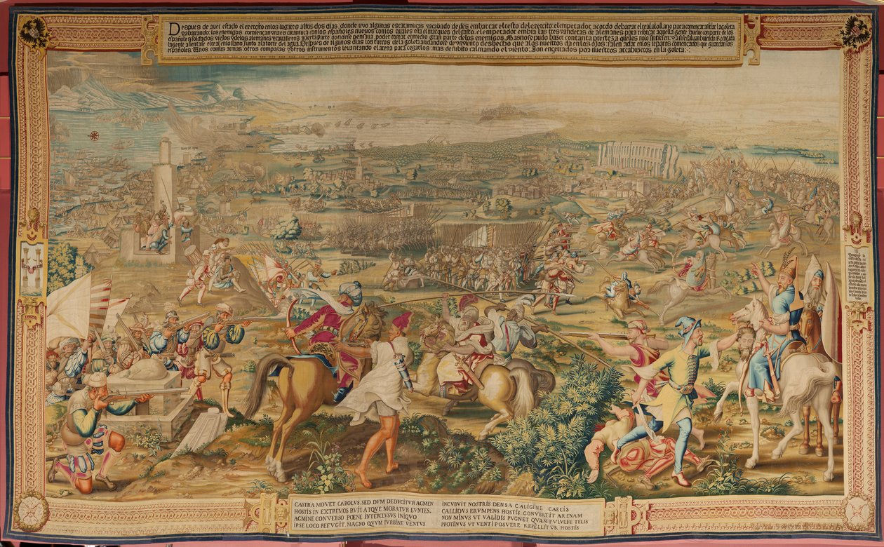 Flamandzki gobelin. Seria Podbój Tunisu. Atak na La Goletę (Ataque a la Goleta). Czwarty gobelin w serii. Model Jan Vermeyen i Pieter Coecke van Aelst. 1543-1548. Produkcja Real Fábrica de Tapices de Santa Bárbara, Madryt autorstwa Jan Cornelisz Vermeyen