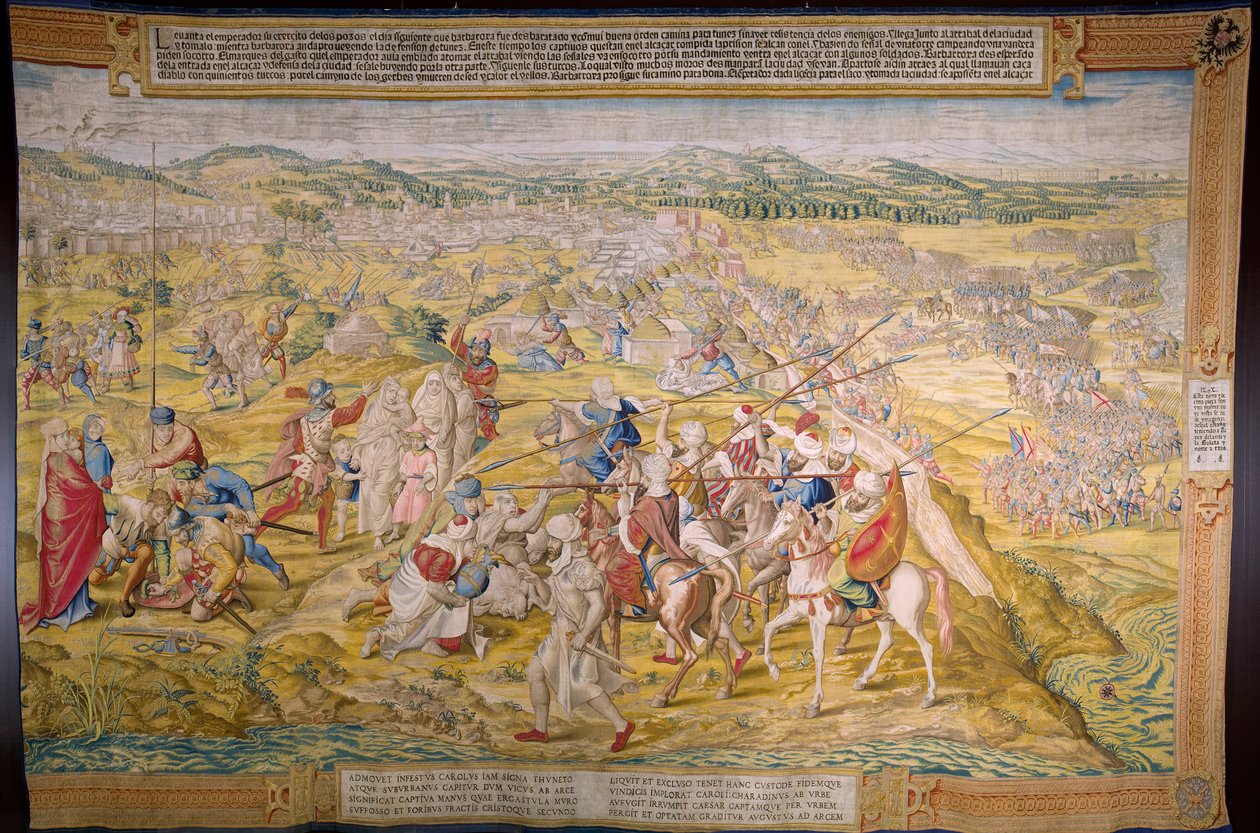 Flamandzki gobelin. Seria Podbój Tunisu: Take of Tunis. Rysownik Jan Cornelisz Vermeyen. Studio Willem de Pannemaker, Bruksela. około 1545. autorstwa Jan Cornelisz Vermeyen