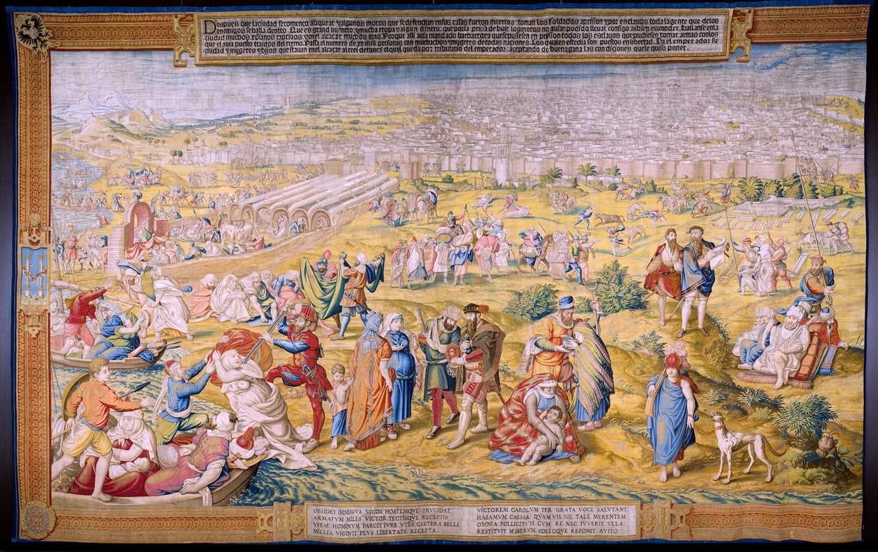 Flamandzki gobelin. Seria Podbój Tunisu: Grabież Tunisu. Rysownik Jan Cornelisz Vermeyen. Studio Willem de Pannemaker, Bruksela. około 1545. autorstwa Jan Cornelisz Vermeyen