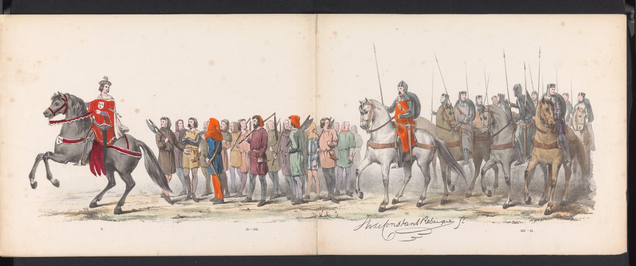 Maskarada uczniów Leiden, 1865 (tablica 15) Procesja w kostiumach zorganizowana przez członków korpusu studenckiego w Leiden w dniu 6 czerwca 1865 r. z okazji 290. rocznicy Leidsche Hoogeschool, przedstawiająca: wjazd Holendrów b autorstwa Jan Daniël Cornelis Carel Willem baron de Constant Rebecque