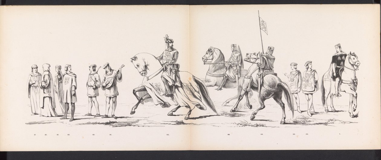 Maskarada studentów z Leiden, 1865 (tablica 8) Procesja w kostiumach prowadzona przez członków korpusu studenckiego Leiden w dniu 6 czerwca 1865 r., z okazji 290. rocznicy Leidsche Hoogeschool, przedstawiająca: wjazd Holendrów do autorstwa Jan Daniël Cornelis Carel Willem baron de Constant Rebecque