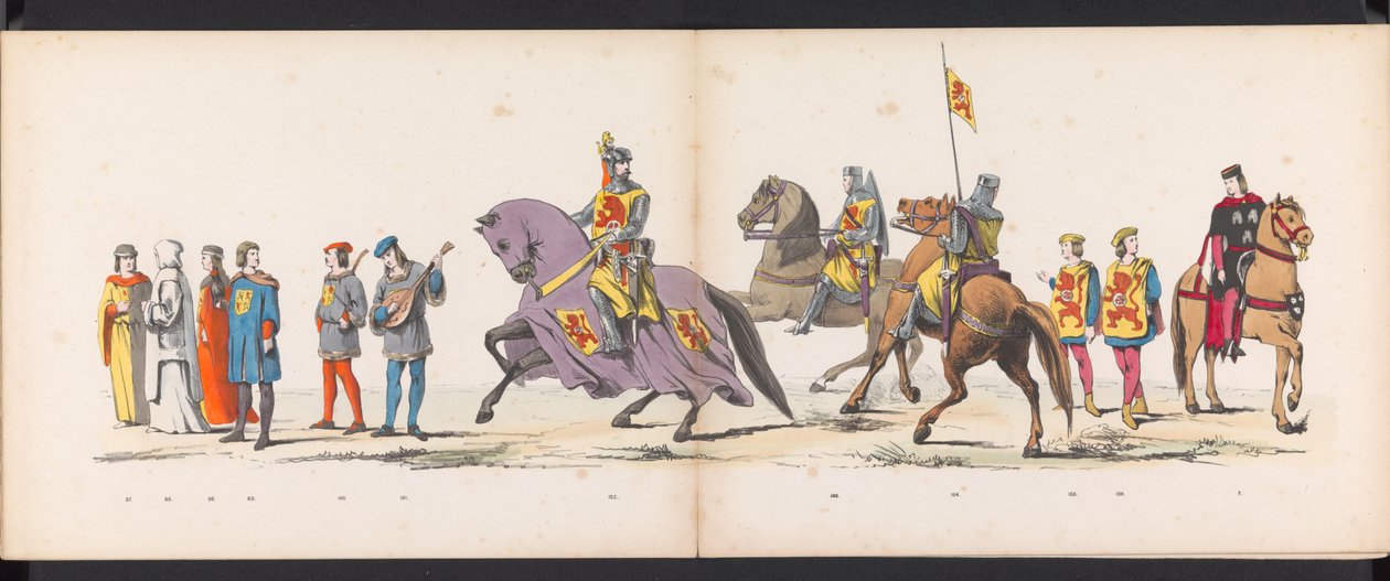 Maskarada studentów z Leiden, 1865 (tablica 8) Procesja w kostiumach zorganizowana przez członków korpusu studenckiego w Leiden w dniu 6 czerwca 1865 r. z okazji 290. rocznicy Leidsche Hoogeschool, przedstawiająca: wjazd Holendrów do autorstwa Jan Daniël Cornelis Carel Willem baron de Constant Rebecque