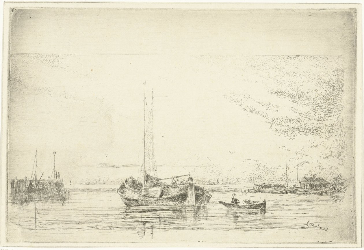 Widok na rzekę z barką i łodzią wiosłową autorstwa Jan Daniël Cornelis Carel Willem baron de Constant Rebecque