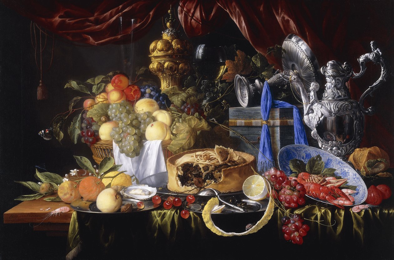 Ciasto na cynowym talerzu, częściowo obrana cytryna, srebrna łyżka na cynowym talerzu, raki i krewetki w misce porseleinowej Wanli Kraak, 1649 autorstwa Jan Davidsz de Heem
