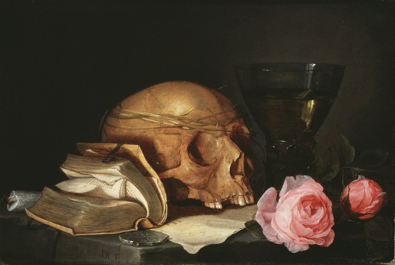 Martwa natura Vanitas z czaszką, księgą i różami, ok. 1630 r autorstwa Jan Davidsz de Heem