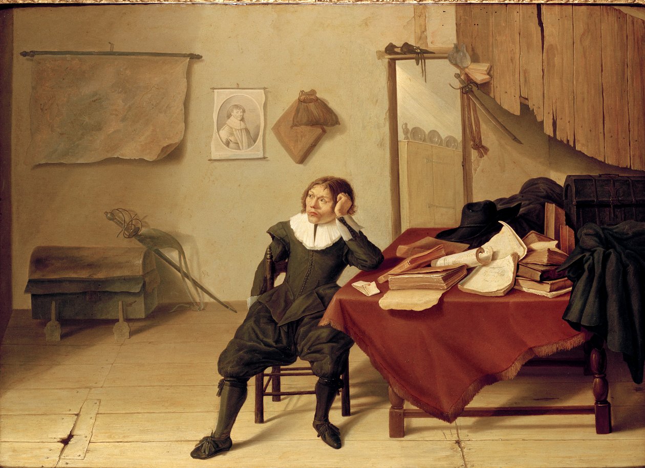 Wnętrze pokoju z młodym mężczyzną siedzącym przy stole, 1628 autorstwa Jan Davidsz de Heem