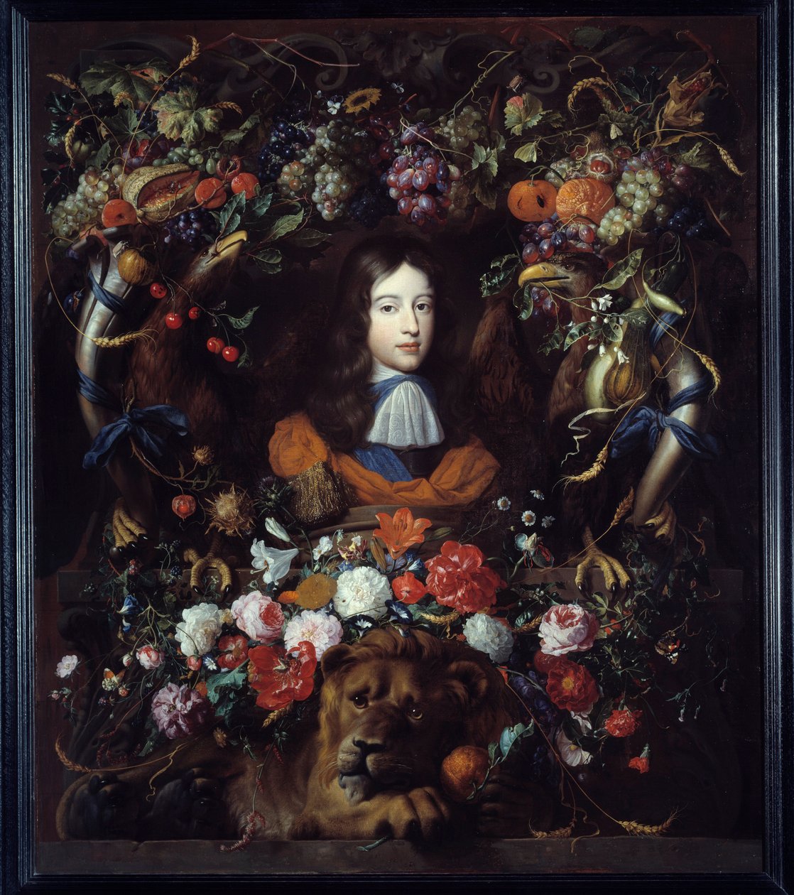 Portret Wilhelma III Orańskiego (1650-1702) w medalionie z kwiatów Obraz Jana Davida Heema (1606-1684) 1665 nd. 1,34x1,14 m Lyon, Muzeum Sztuk Pięknych autorstwa Jan Davidsz de Heem