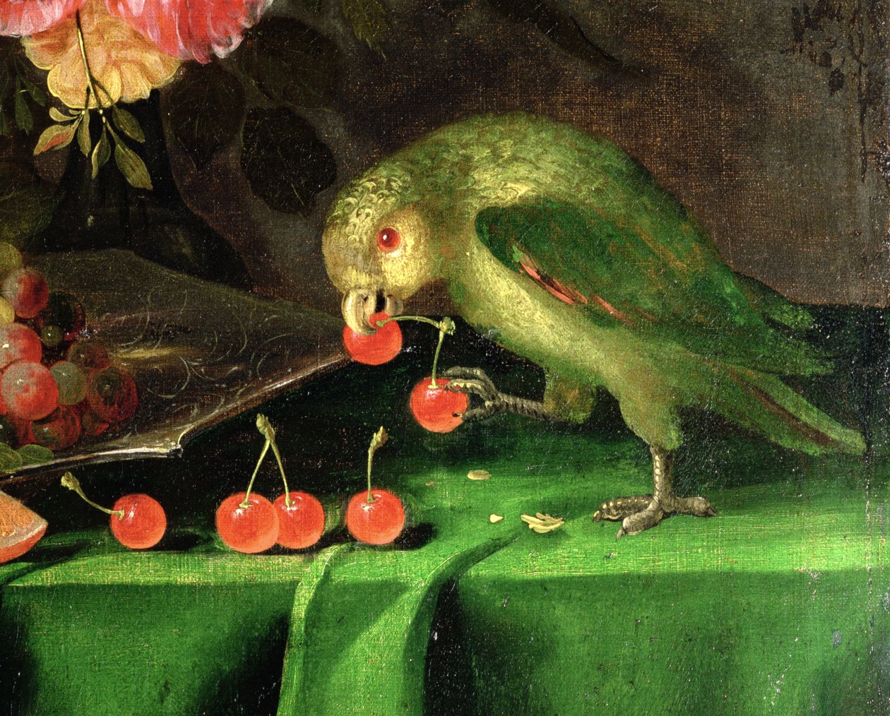 Martwa natura z owoców i kwiatów, fragment olejnej papugi na płótnie, fragment 100411 autorstwa Jan Davidsz de Heem