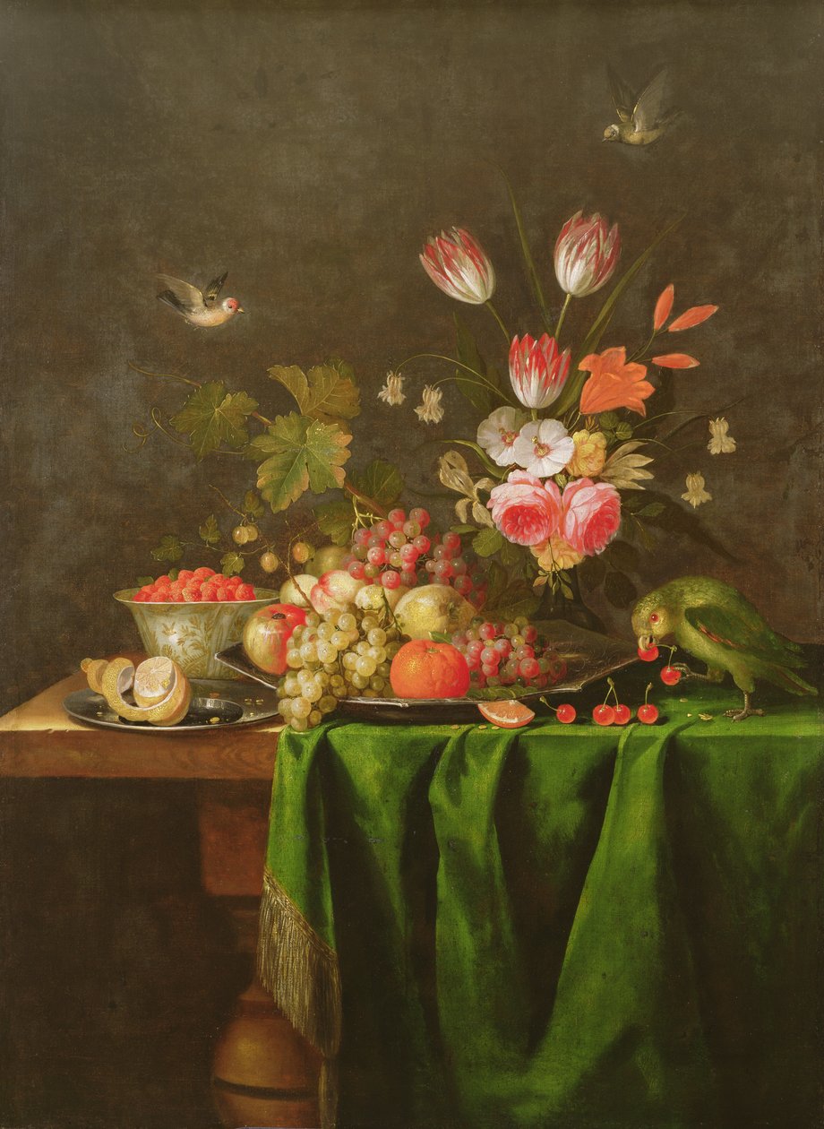 Martwa natura z owoców i kwiatów z papugą na stole przykrytym zielonym płótnem (szczegóły patrz 100412) autorstwa Jan Davidsz de Heem