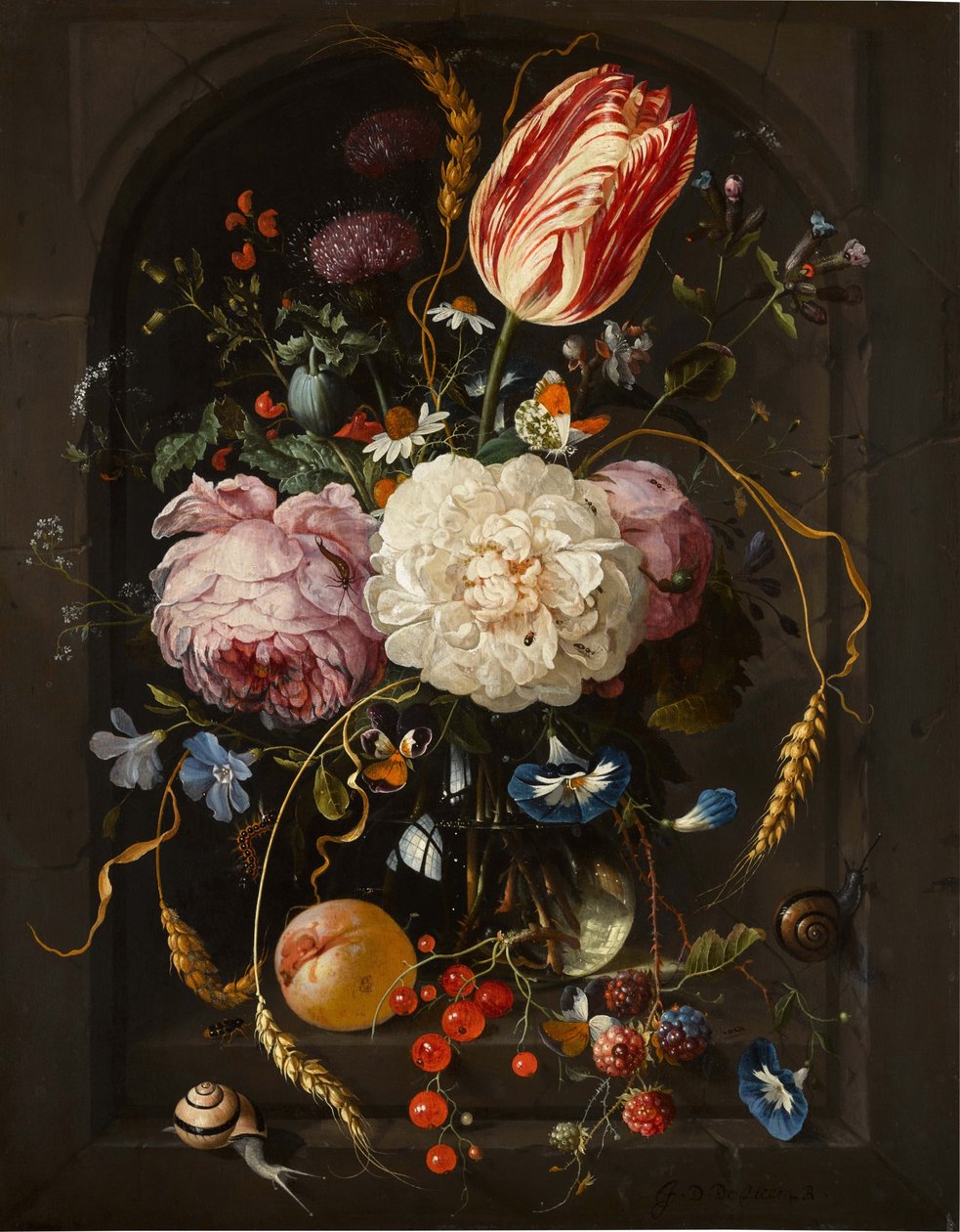 Martwa natura kwiatów w szklanym wazonie z owadami i owocami w kamiennej niszy autorstwa Jan Davidsz. de Heem