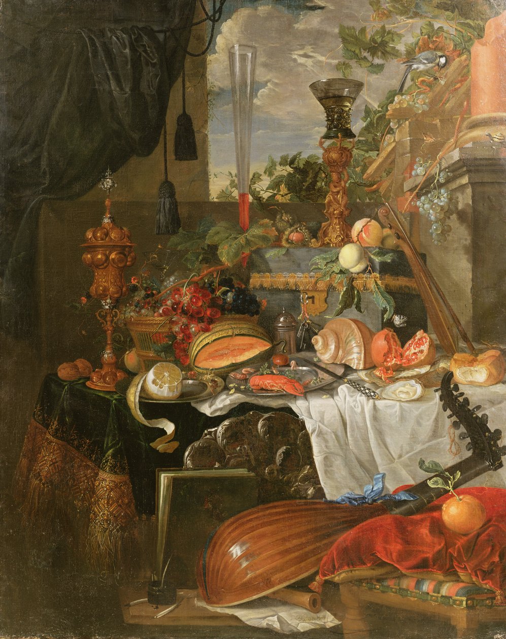 Martwa natura z jedzenia i instrumentów muzycznych autorstwa Jan Davidsz de Heem