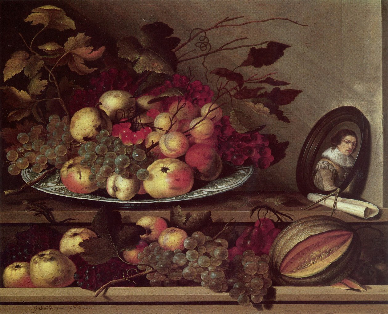 Martwa natura z owocami i autoportret autorstwa Jan Davidsz. de Heem