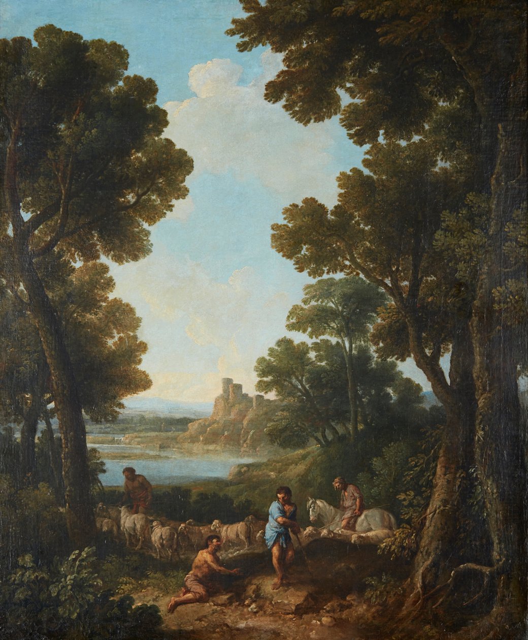 Pejzaż klasyczny z pasterzami i jeźdźcem (olej na płótnie) autorstwa Jan Frans van Bloemen