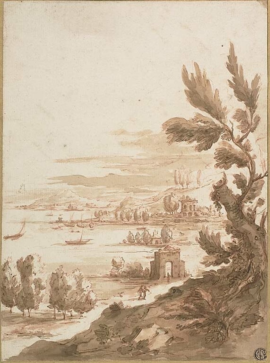 Widok ze wzgórza z widokiem na port autorstwa Jan Frans van Bloemen