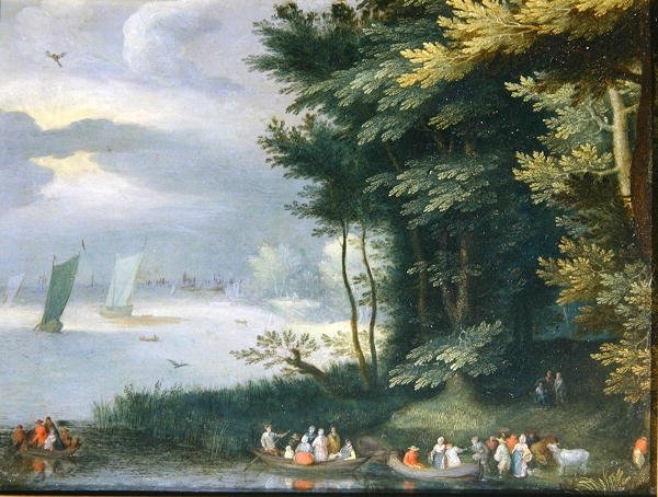 Brzegi jeziora z postaciami wsiadającymi do łodzi wiosłowych (olej na płótnie) autorstwa Jan Frans van Bredael