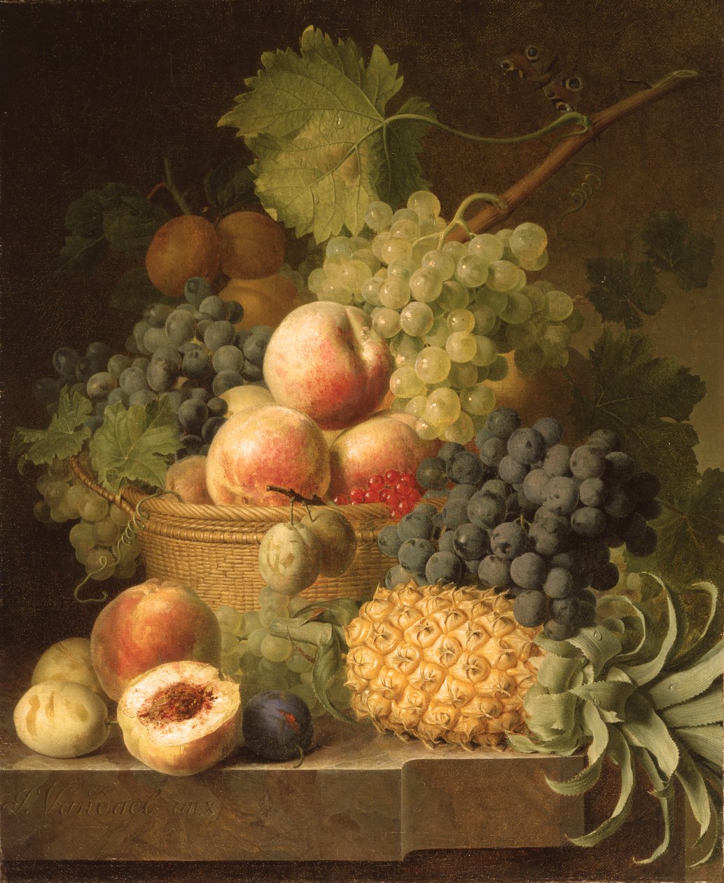 Jabłka, winogrona, morele i jagody w koszyku z ananasem, winogronami i innymi owocami na marmurowej półce autorstwa Jan Frans van Dael