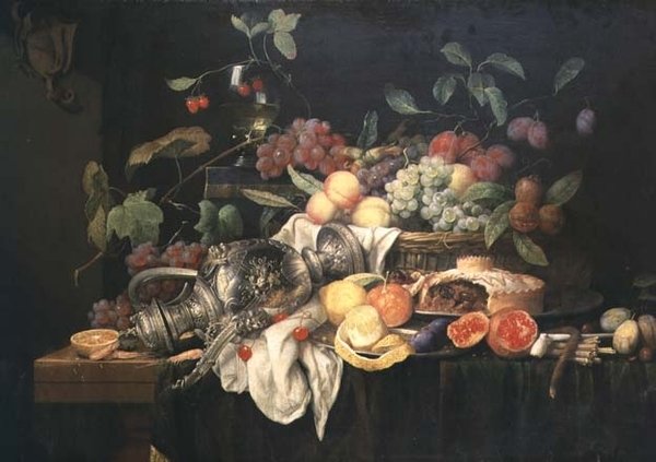 Martwa natura z cynowym dzbanem, ciastem mielonym i owocami autorstwa Jan Frans van Son