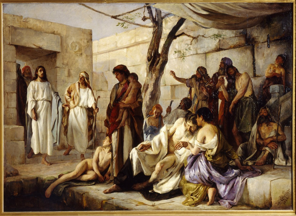 Cud przy sadzawce Bethesda. Położony na drodze z Beth Zeta (Izrael) do Jerozolimy, Jezus Chrystus zbliża się do basenu, w którym gromadzą się paralityki i cudownie uzdrawia chorego. Malarstwo Jan autorstwa Jan Franzevich Cloginsky