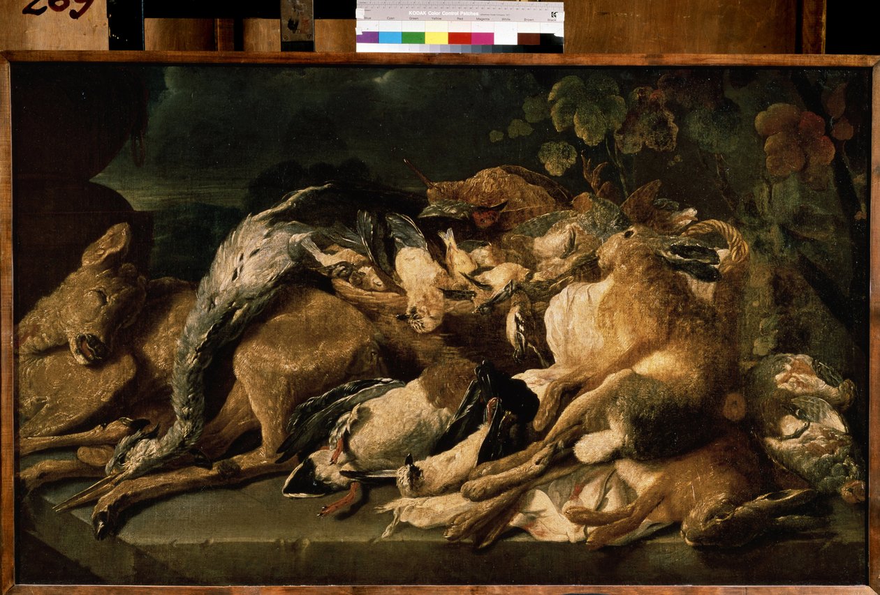 "Martwa natura z dziczyzną" (Martwa natura) Zając, łania, kaczki. Obraz Jana (Johannesa) Fyta (1611-1661) 1640 Muzeum Puszkina, Moskwa autorstwa Jan Fyt