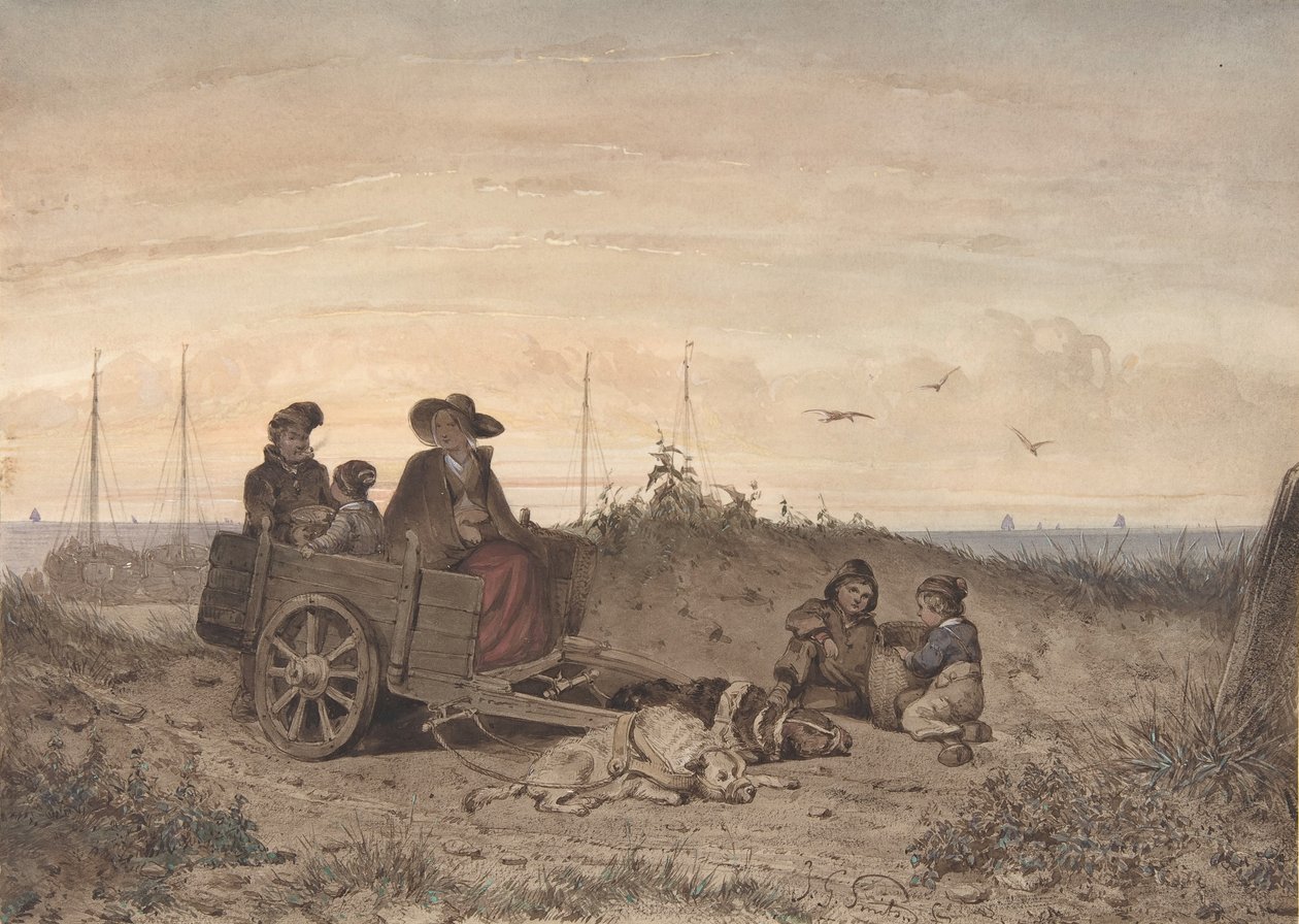 Rodzina rybaka na plaży, matka i jedno z dzieci siedzących w wozie, 1855. autorstwa Jan Gerard Smits