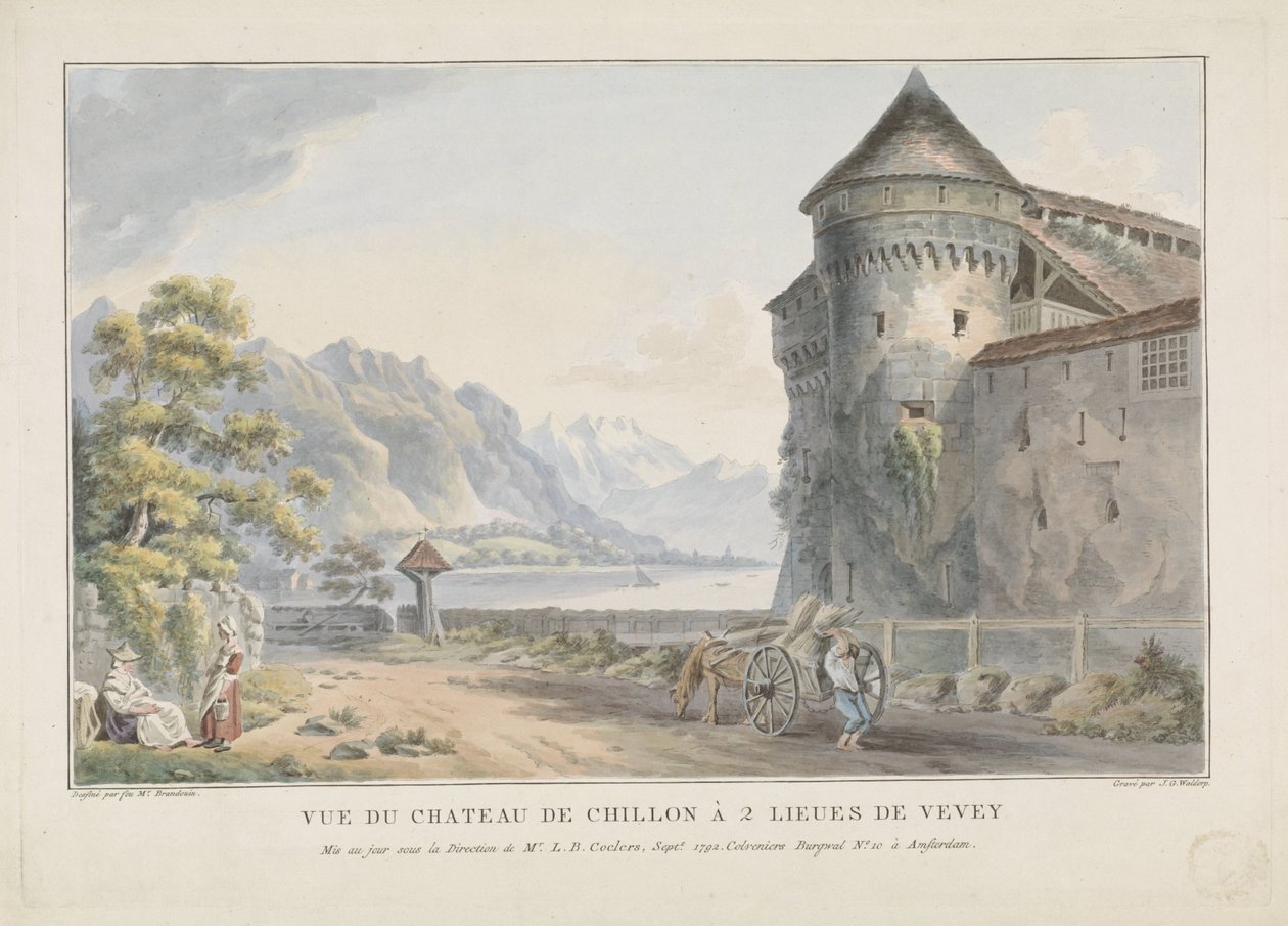 Widok na zamek Chillon Kasteel Vue du Chateau de Chillon à 2 lieues de Vevey (tytuł obiektu) autorstwa Jan Gerard Waldorp
