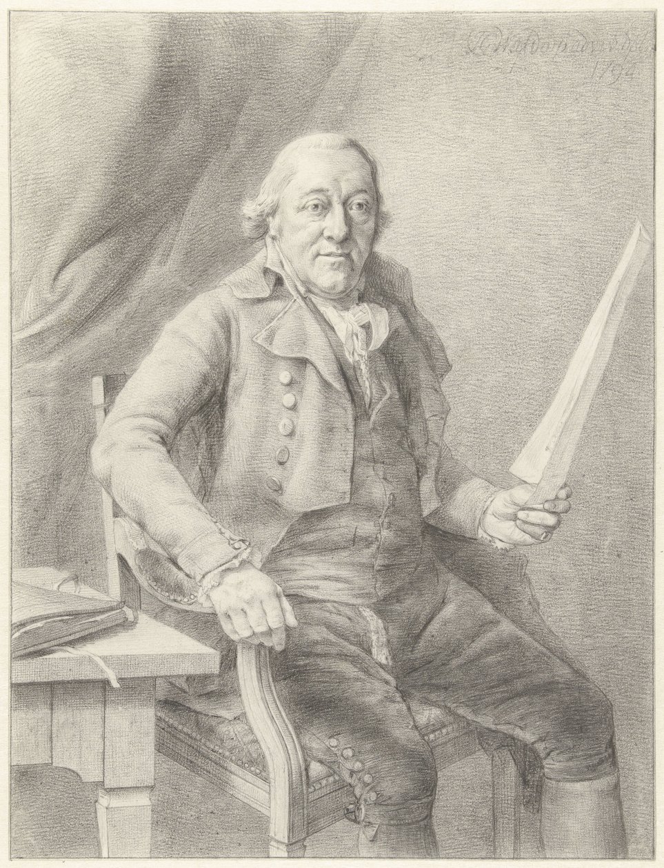 Portret Reiniera Vinkelesa I, siedzącego na krześle z kartką papieru w ręku autorstwa Jan Gerard Waldorp