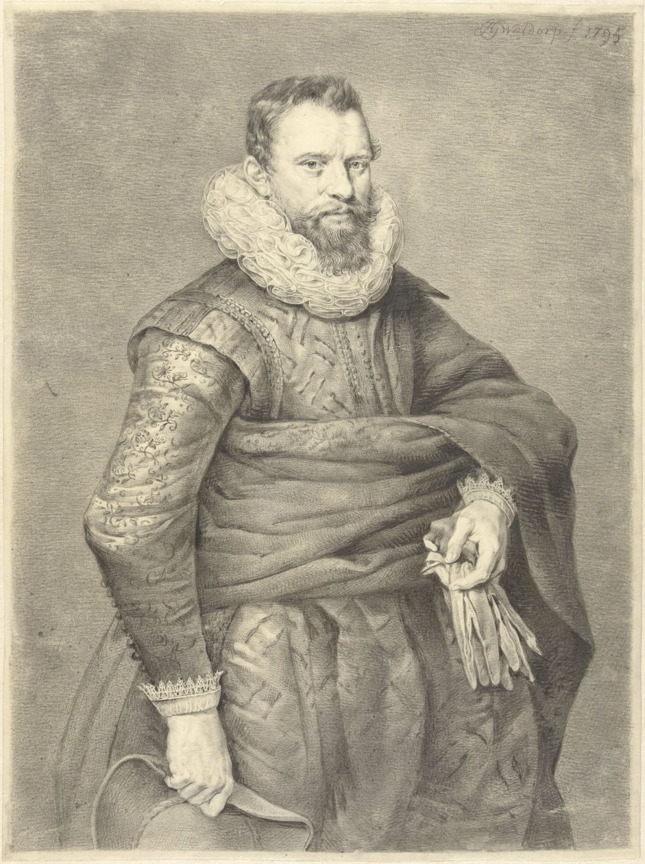 Portret mężczyzny z rękawiczkami i kapeluszem w dłoni, zwrócony w prawo autorstwa Jan Gerard Waldorp