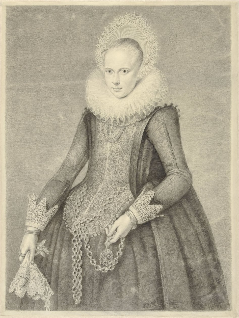 Portret kobiety w rękawiczkach i naszyjniku z uchwytem na kamień bezoarowy (?) autorstwa Jan Gerard Waldorp