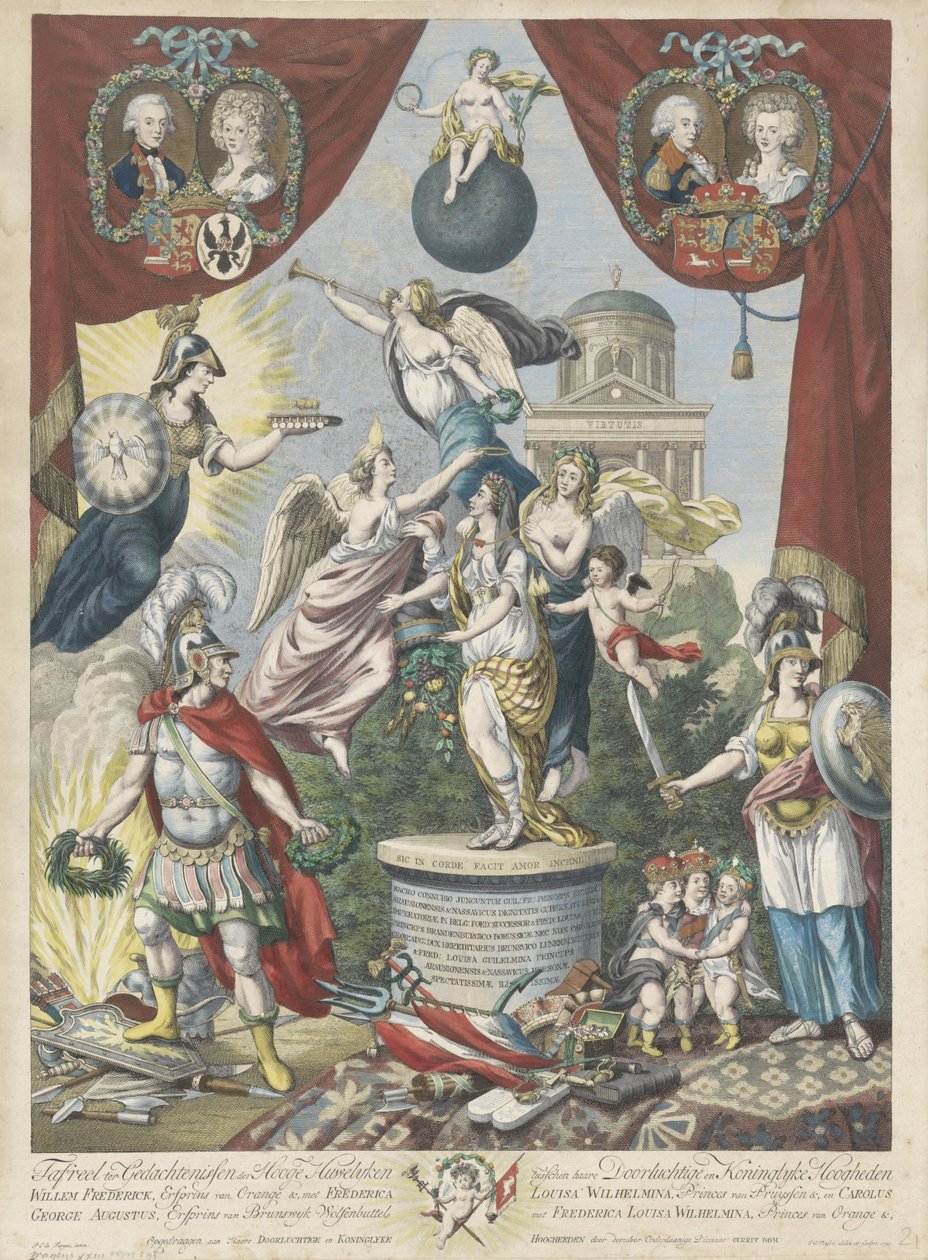 Fraza o małżeństwach syna i córki Wilhelma V, 1790-1791 Tablica Pamięci Wysokich Małżeństw pomiędzy (...) Willemem Frederickiem, dziedzicznym księciem Orange &, z Frederica Louisa Wilhelmina, Princes van Pruyssen & i Carolus George Aug autorstwa Jan Gerritsz. Visser