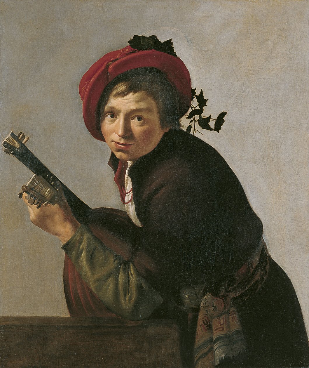 Młody mężczyzna grający na teorbo autorstwa Jan Gerritsz van Bronckhorst