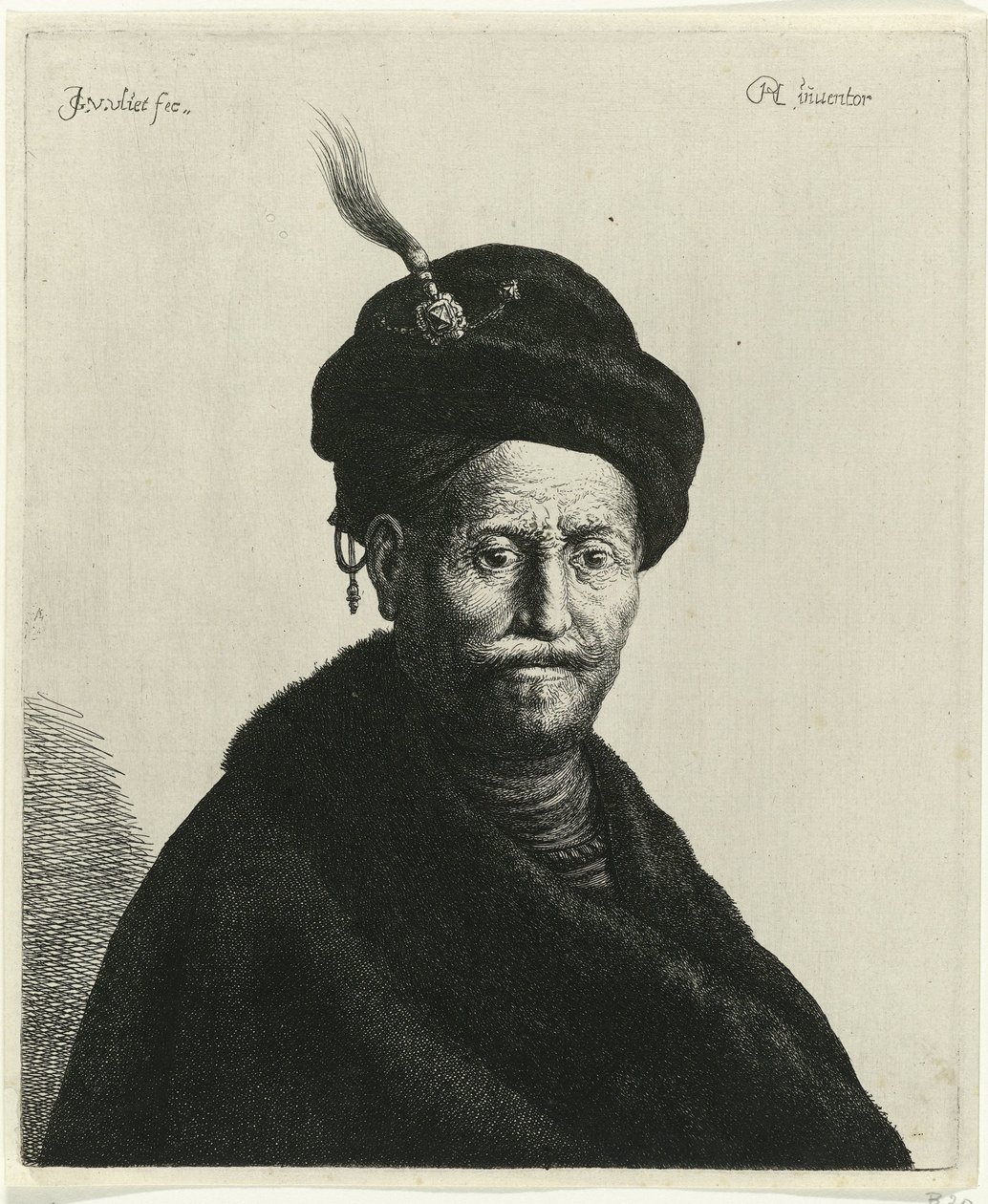 Popiersie mężczyzny w turbanie Tronies wg Rembrandta (tytuł serii) autorstwa Jan Gillisz. van Vliet