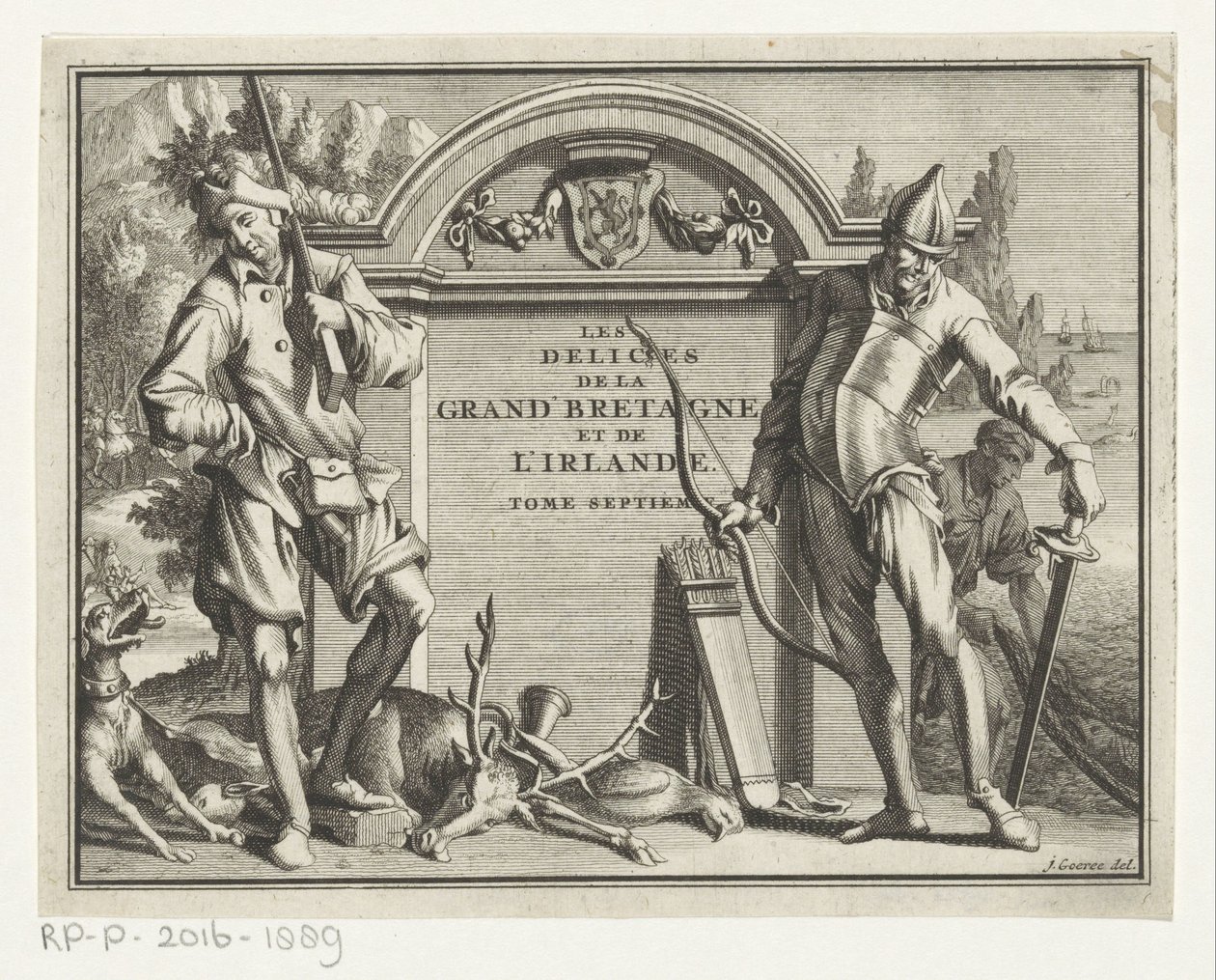 Twee jagery do oprawy architektonicznej Titelpagina voor: James Beeverell, Uroki Wielkiej Brytanii i Irlandii, tom siódmy, 1707 autorstwa Jan Goeree (possibly)