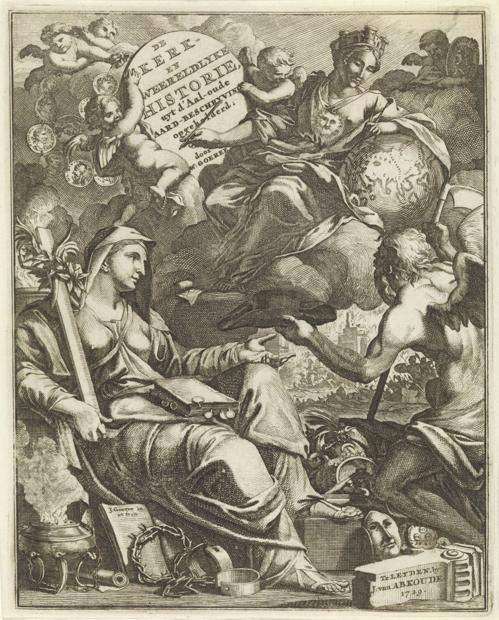 Alegoria Kościoła i Historii Świata Strona tytułowa dla Willema Goeree, De kerklyke en Weereldlyke historien. 1729 Kościół i historia świata uyt d