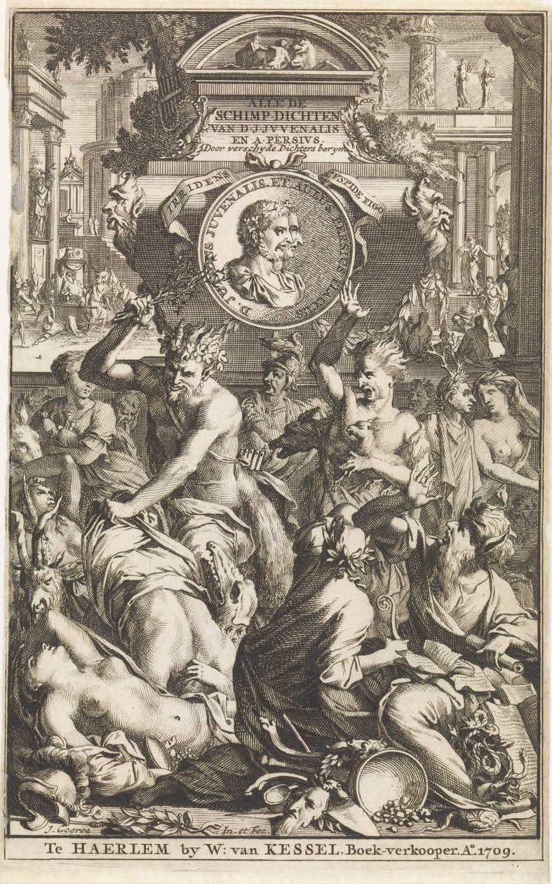 Bachanalia w Rzymie Titelpagina voor Decius Junius Juvenalis en Aulus Persius Flaccus, Alle de schimpdichten, 1709 Alle de schimpdichten D.J.Jvenalis en A. Persivs door verschyde dichters berymt (tytuł obiektu) autorstwa Jan Goeree