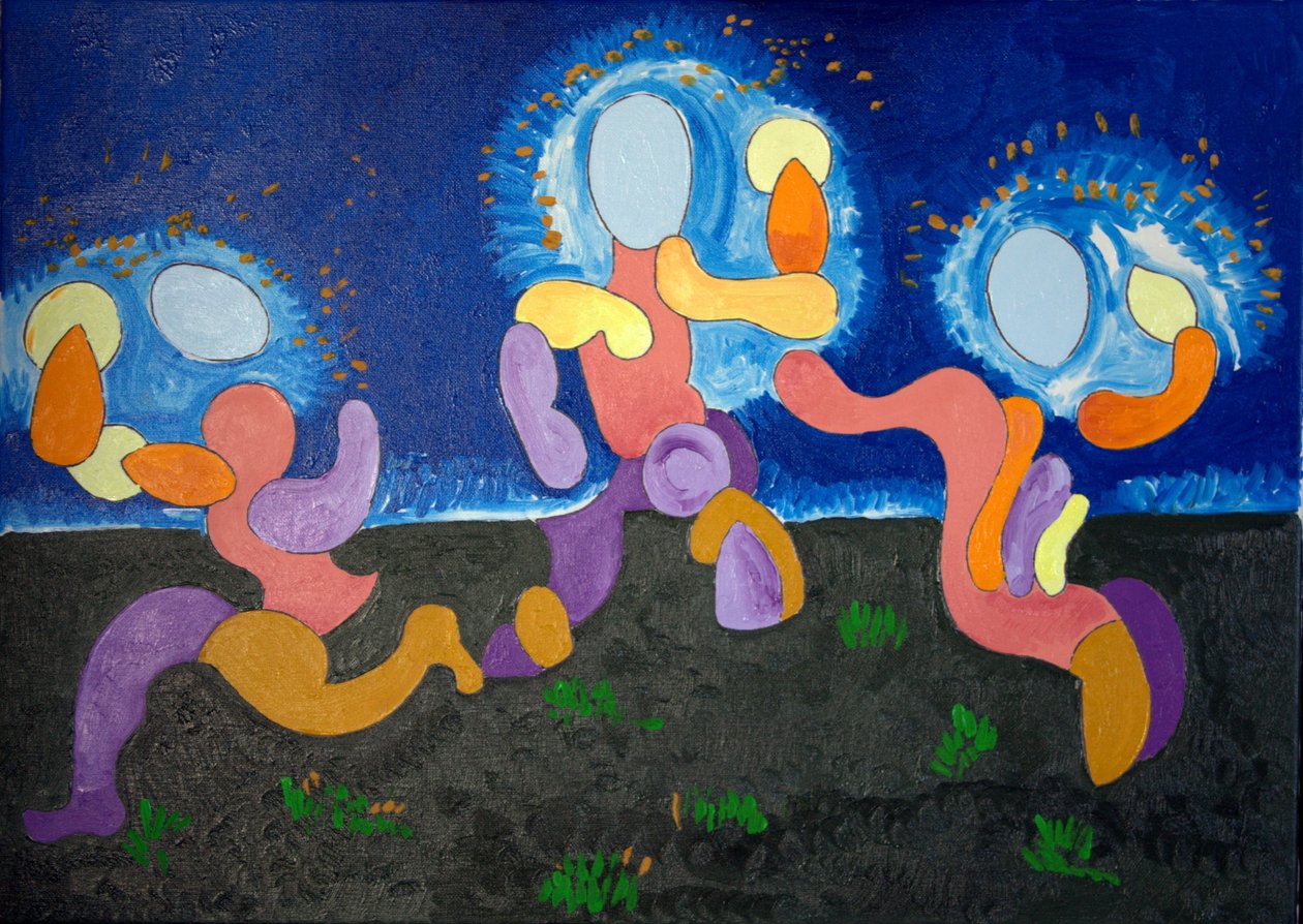 W ciepłe czerwcowe noce troglodyci świętują Ogień, 2009 (olej na płótnie) autorstwa Jan Groneberg
