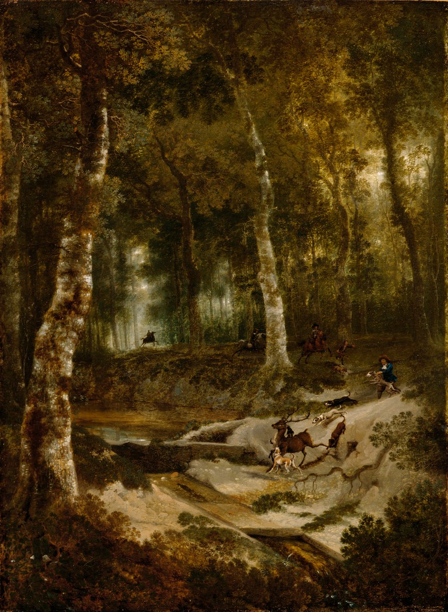 Krajobraz leśny z polowaniem na jelenie, ok.1665 autorstwa Jan Hackaert