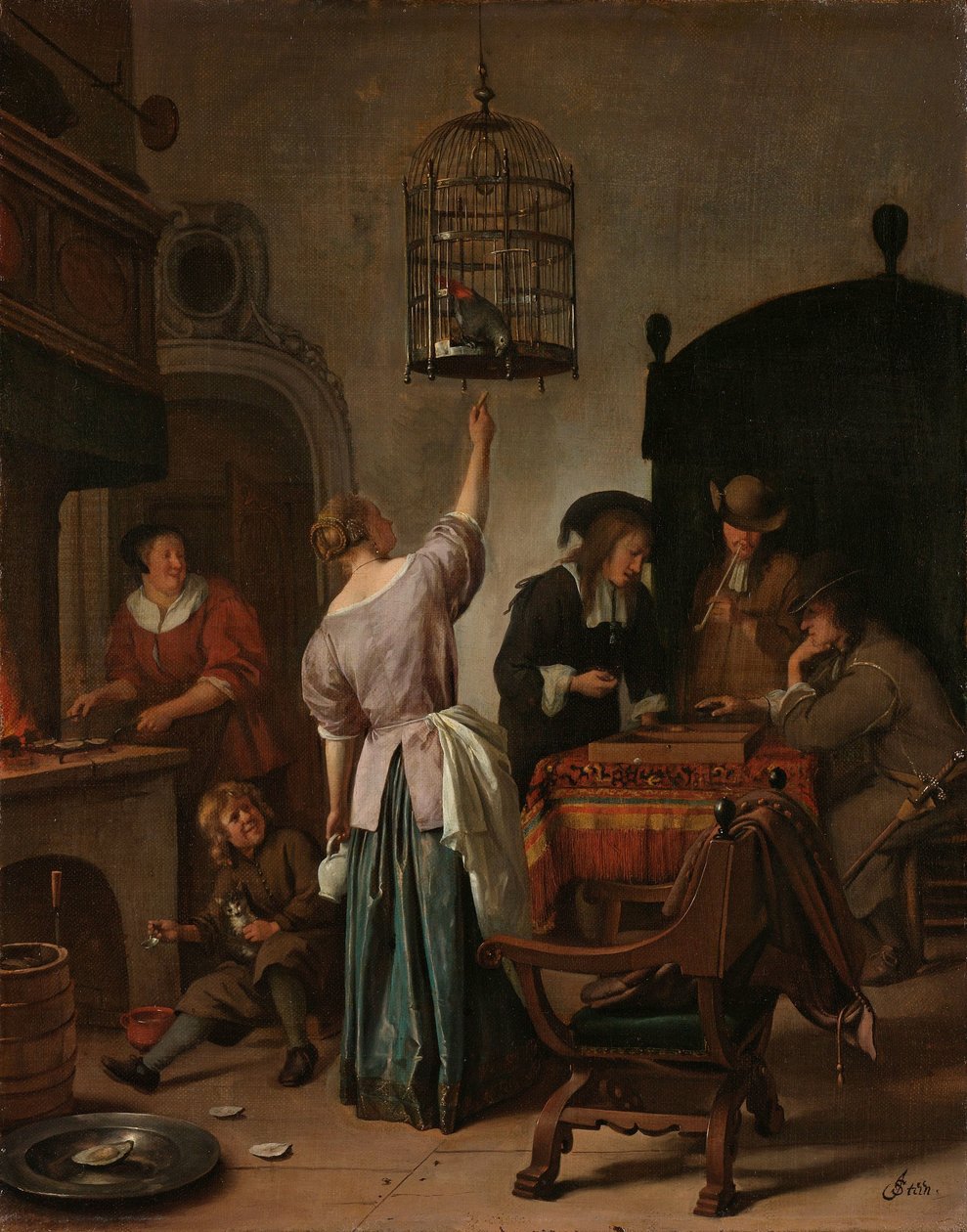 Wnętrze z kobietą karmiącą papugę, znaną jako „klatka dla papug” Wnętrze z kobietą karmiącą papugę autorstwa Jan Havicksz. Steen