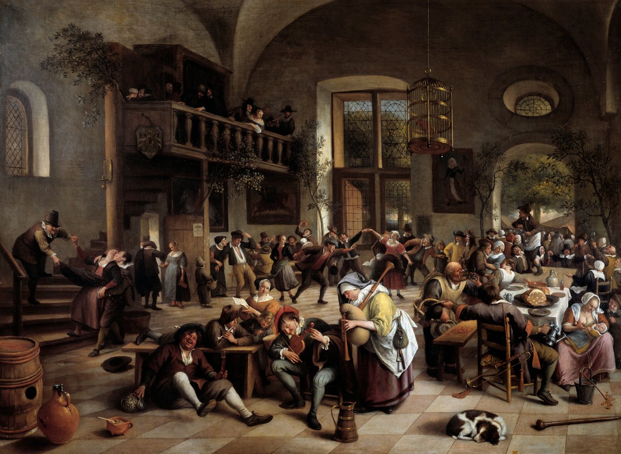 Przyjęcie w karczmie Muzycy, gracze, mężczyźni i kobiety pijących ludzi - Obraz Jana Havicksza (Havicksz) Steena (1626-1679) autorstwa Jan Havicksz. Steen