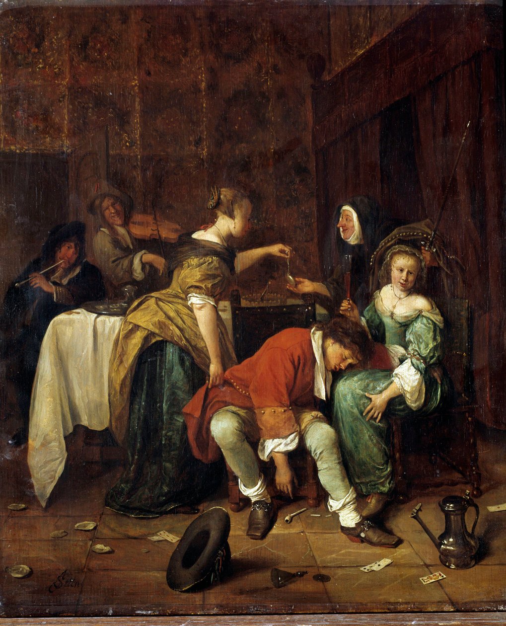 Zła firma. obraz Steena Jana Havicksza (1626-1679) (H S/WOOD 0,41 X 0,35). autorstwa Jan Havicksz. Steen