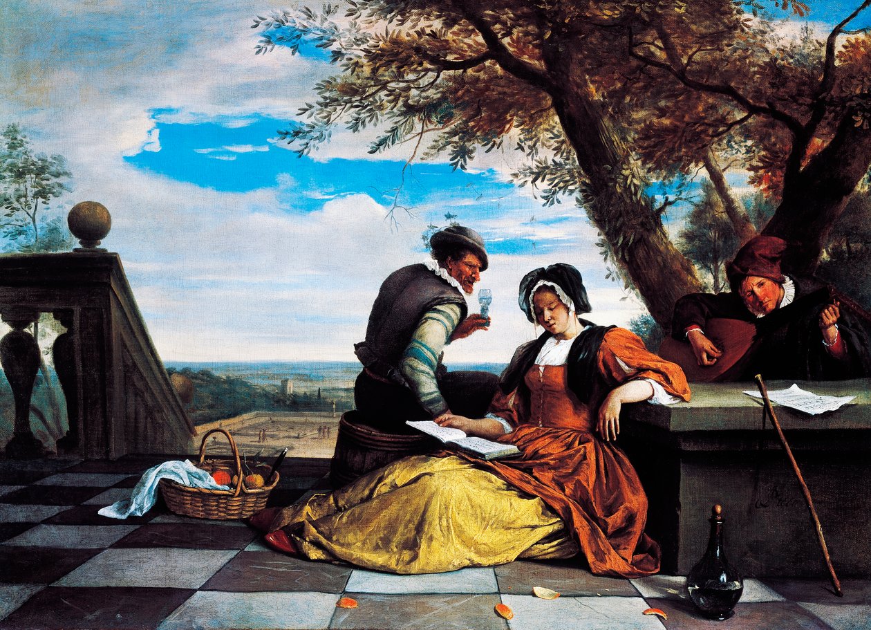 Dwóch mężczyzn i młoda kobieta muzykujących na tarasie autorstwa Jan Havicksz. Steen