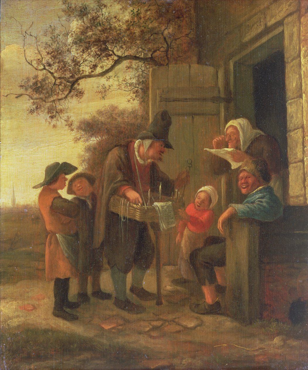 Pedlar sprzedający okulary przed chatą, ok.1650-53 (panel) autorstwa Jan Havickszoon Steen