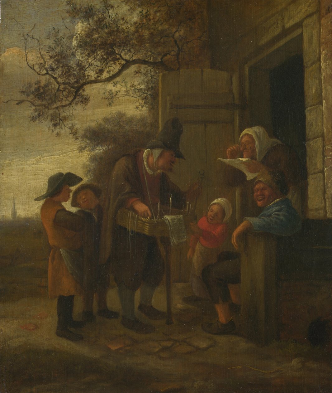 Handlarz sprzedający okulary przed chatą, ok. godz. 1653 autorstwa Jan Havickszoon Steen