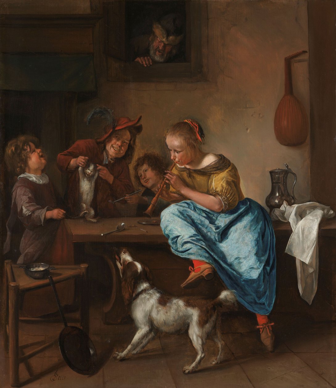 Dzieci uczące kota tańczyć, znane jako „Lekcja tańca”, 1660-79 autorstwa Jan Havickszoon Steen
