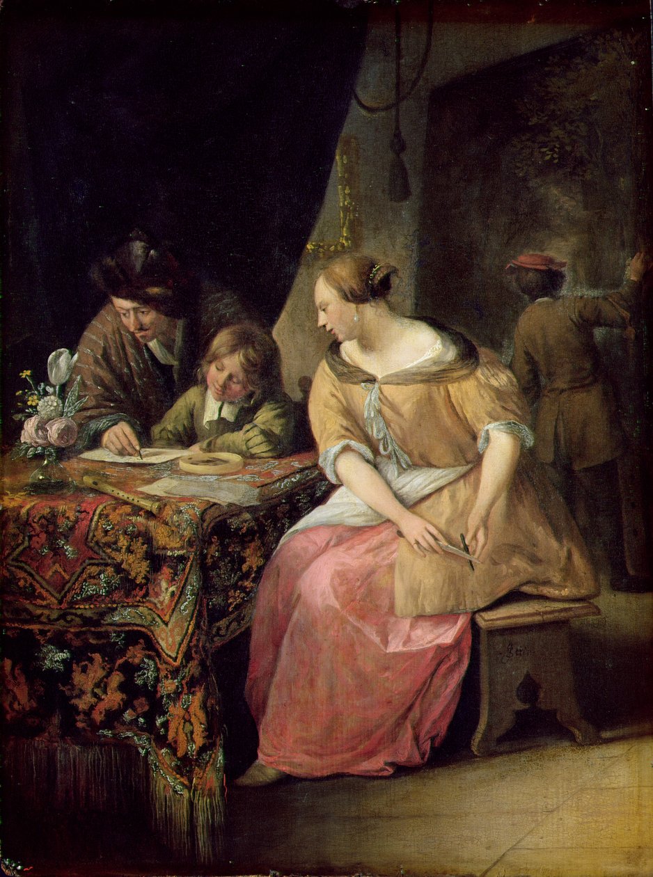 Wnętrze z malarzem i jego rodziną, ok.1670 (panel) autorstwa Jan Havickszoon Steen
