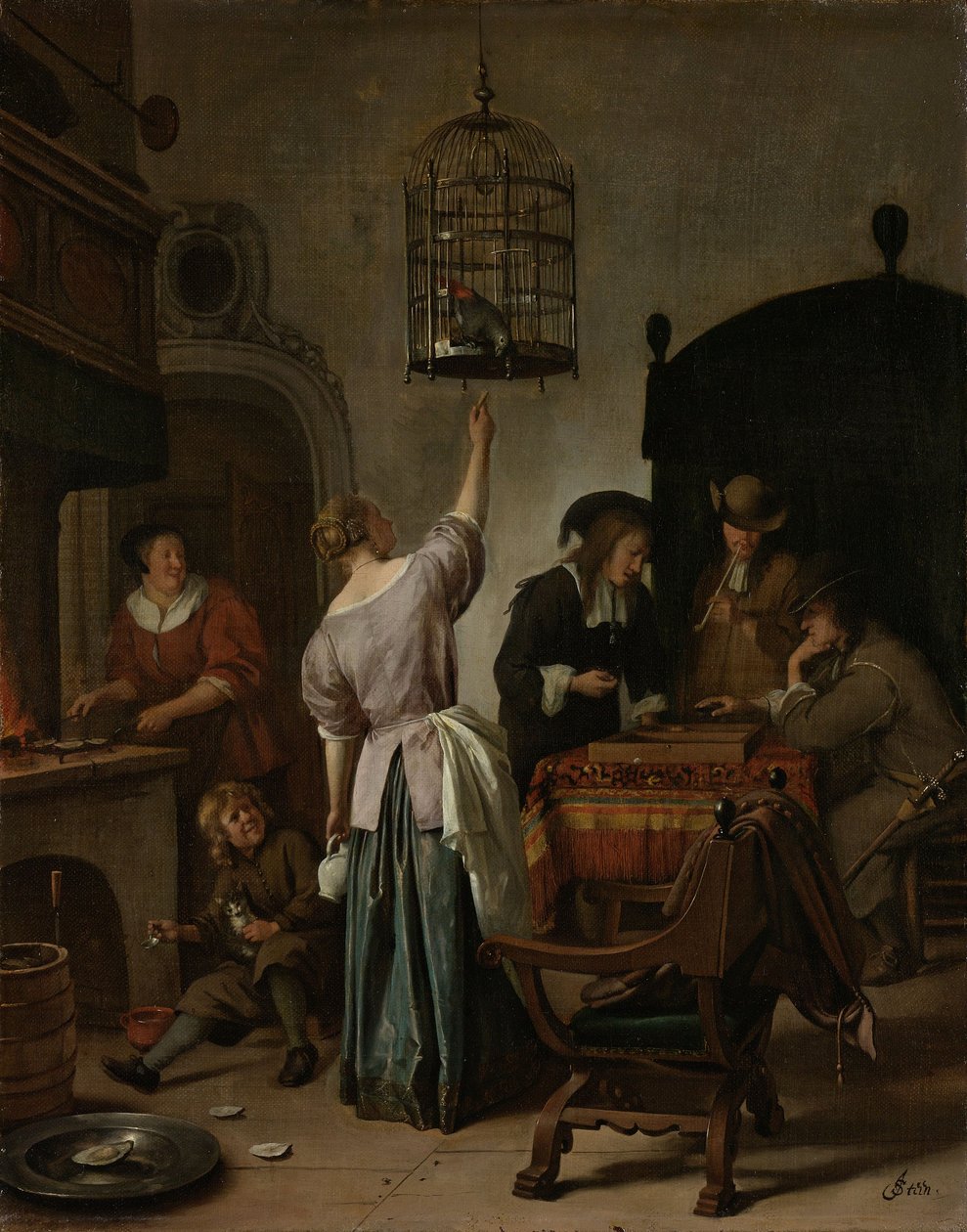 Wnętrze z kobietą karmiącą papugę, znaną jako „klatka dla papug”, ok. 1660-70 (olej na płótnie na panelu) autorstwa Jan Havickszoon Steen