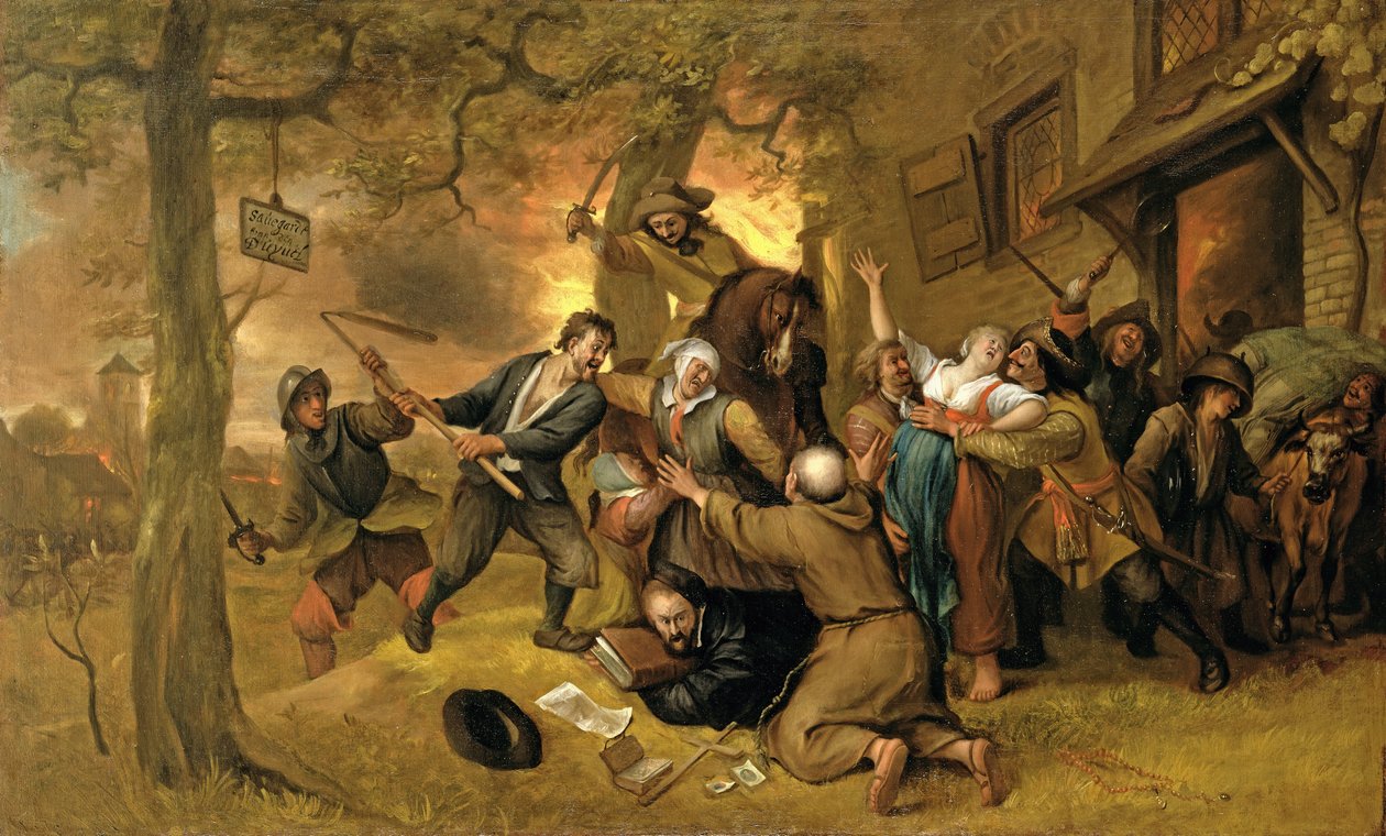 Chłopi i żołnierze przed tawerną – alegoria gwałtu na Niderlandach autorstwa Jan Havickszoon Steen