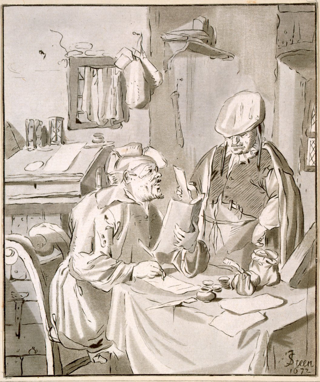 Dwóch mężczyzn rozmawiających o pieniądzach w biurze, 1672, skopiowane przez Cornelisa Ploosa van Amstela (1726-98) lub Christiana Josi (c.1765-1828) autorstwa Jan Havickszoon Steen