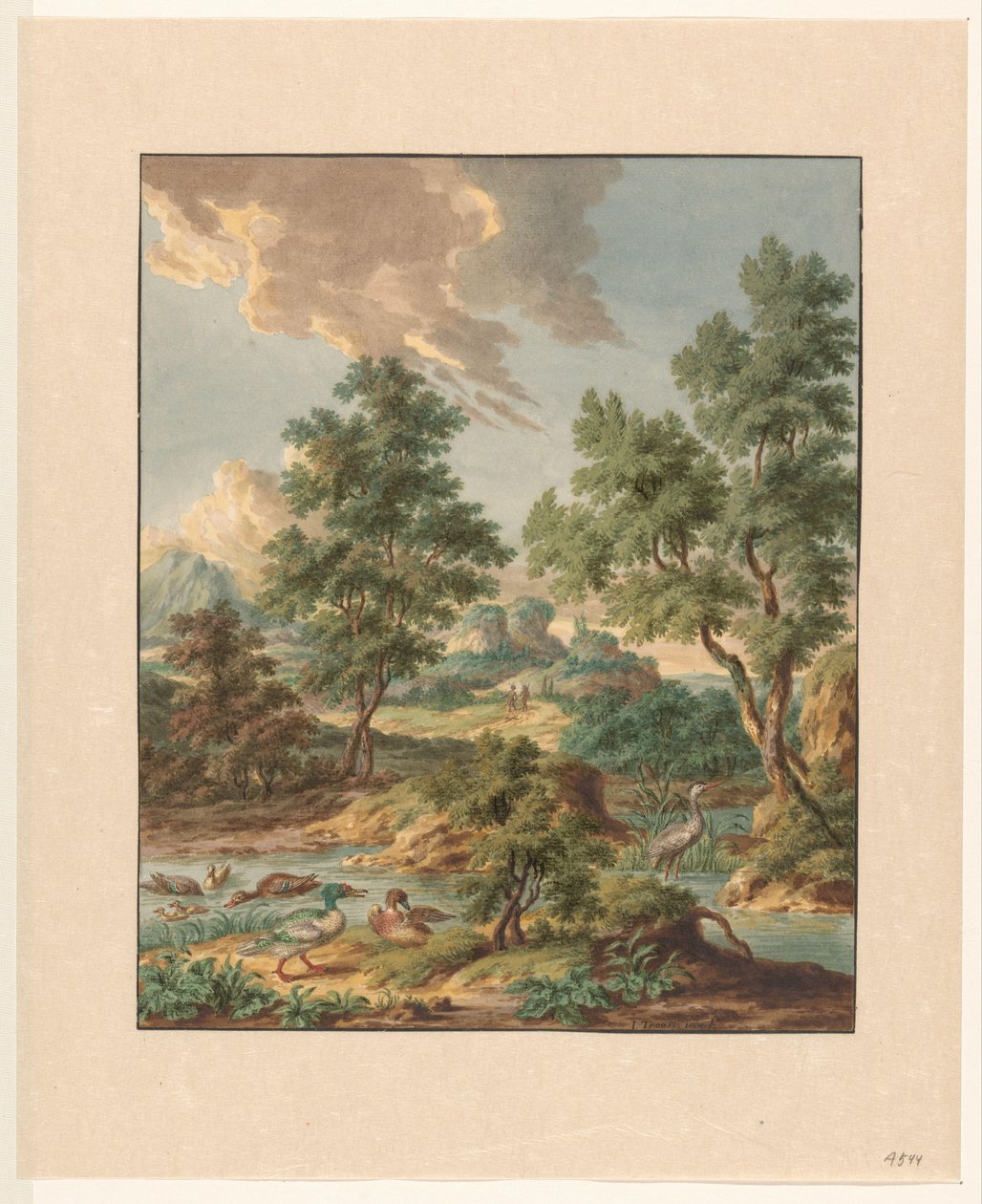Krajobraz z ptakami wodnymi w basenie autorstwa Jan Hendrik Troost van Groenendoelen