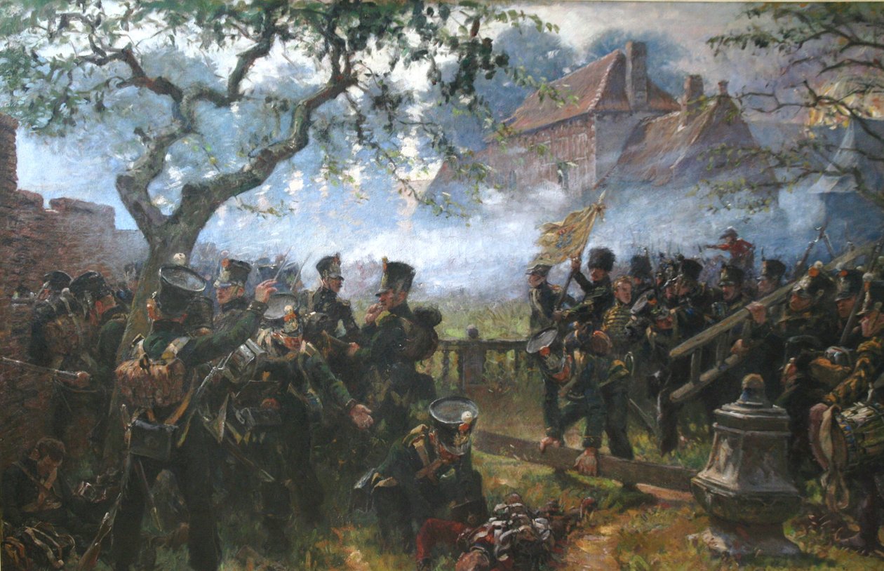 Oddziały Nassau w Hougoumont podczas bitwy pod Waterloo autorstwa Jan Hoynck van Papendrecht